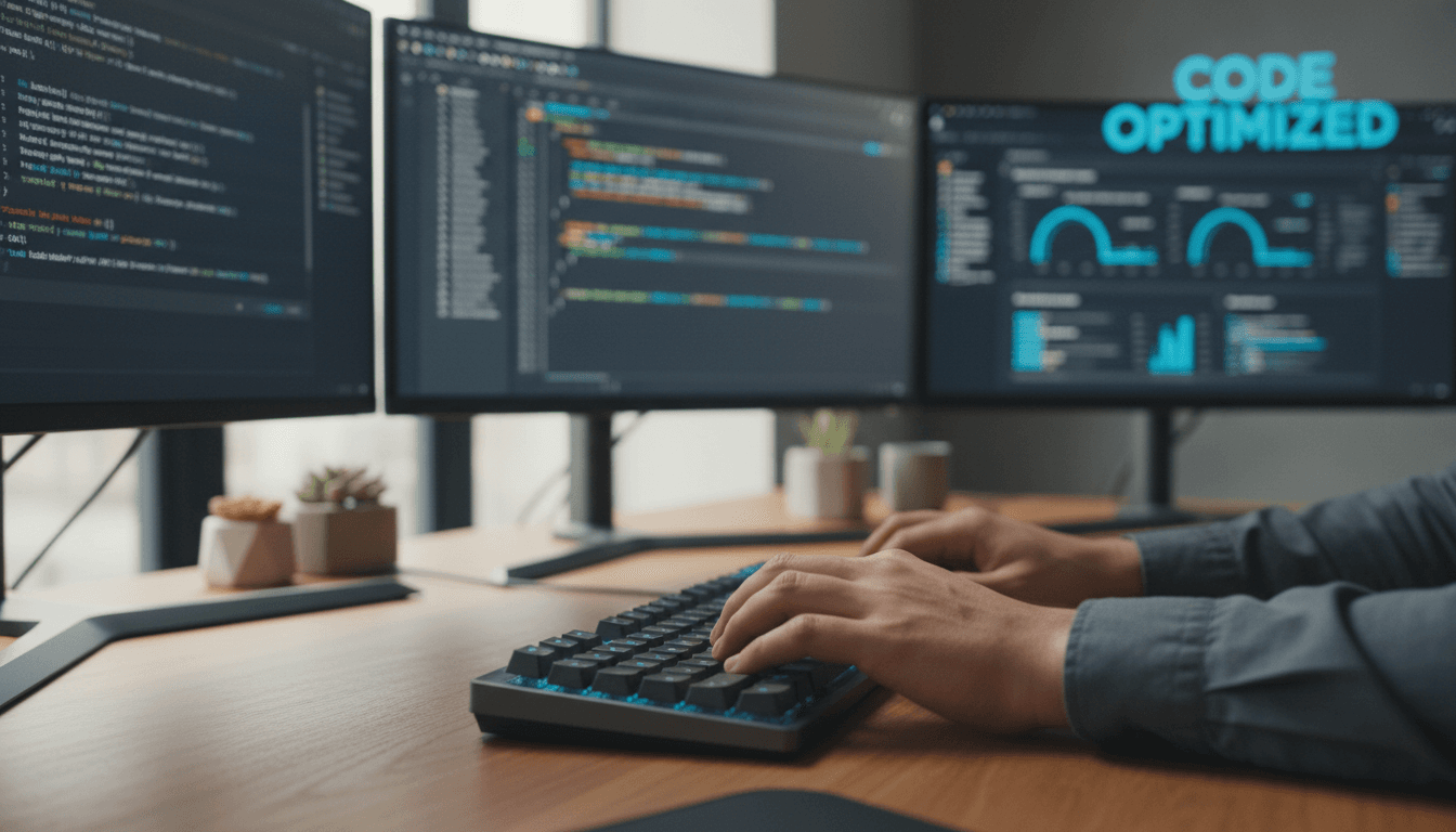 Desarrollador analizando código en múltiples monitores