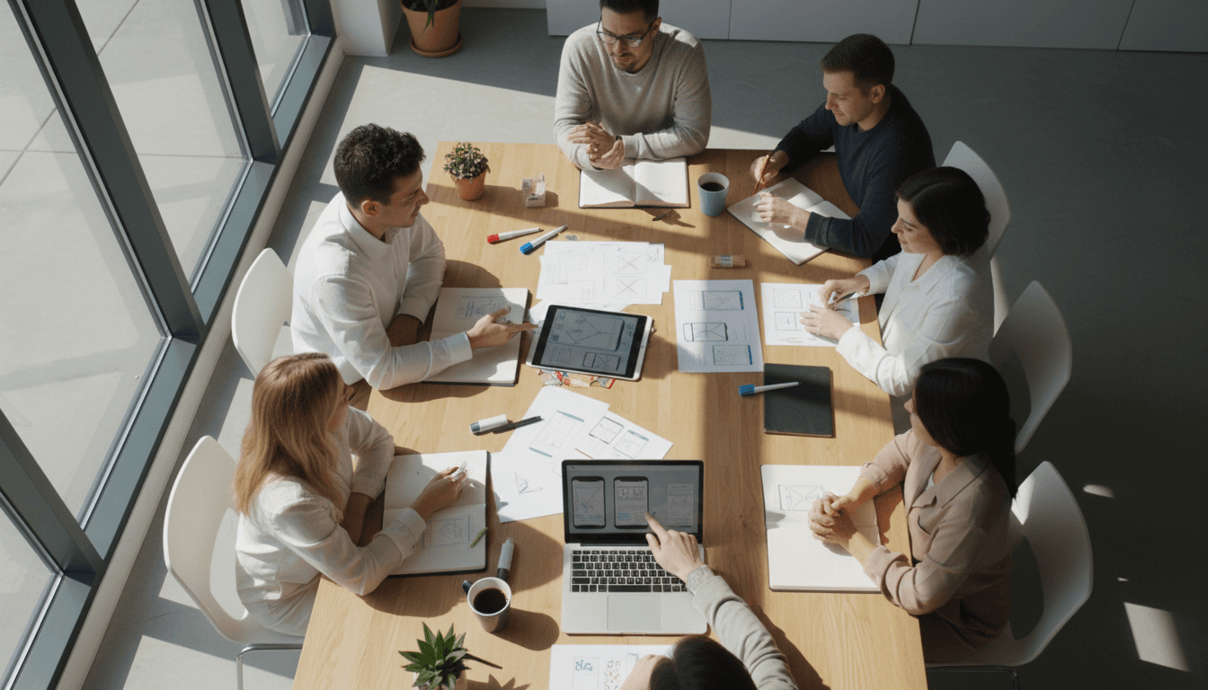 Equipo colaborando en estrategia de desarrollo